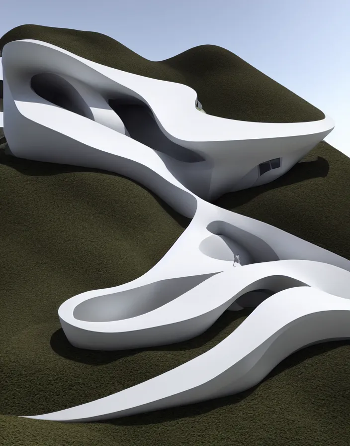 Image similar to zaha hadid 3 d construction printed house on the mountain, soft light