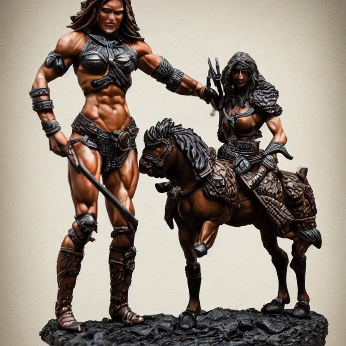 Image similar to 80mm resin detailed miniature of a Muscular Woman warrior with a Horse, Product Introduction Photos, 4K, Full body, simple background