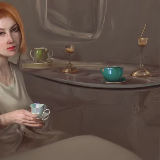 Image similar to stunning award winning hyperrealistic hdr 8 k highly detailed portrait photo of glados drinking tea