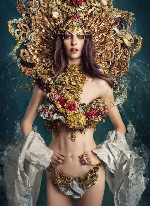 Image similar to expressive full body photo of a female model, ornate headpiece made from flowers, ornaments, glamour shot, by karol bak, by stefan gesell, photorealistic, canon r 3, fashion photography, hyper maximalist, elegant, ornate, luxury, elite, environmental portrait, symmetrical features, octane render, unreal engine