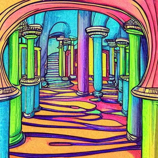 Prompt: a colorful drawing of a house with curved pillars and many floors, a storybook illustration by dr seuss, tumblr, psychedelic art, concept art, storybook illustration, whimsical
