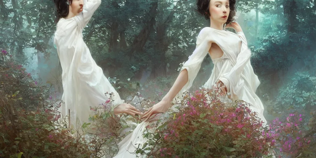 Prompt: a beautiful woman in white dress in intricate detailed color oilpaint, 3 d render, hyper realistic detailed portrait, big flocking color leaves, ornate leaves, elegant, intense colors, ruan jia, wlop. scifi, fantasy, hyper detailed, octane render, concept art, by peter mohrbacher, by alphonse mucha, by wlop, by ruan jia