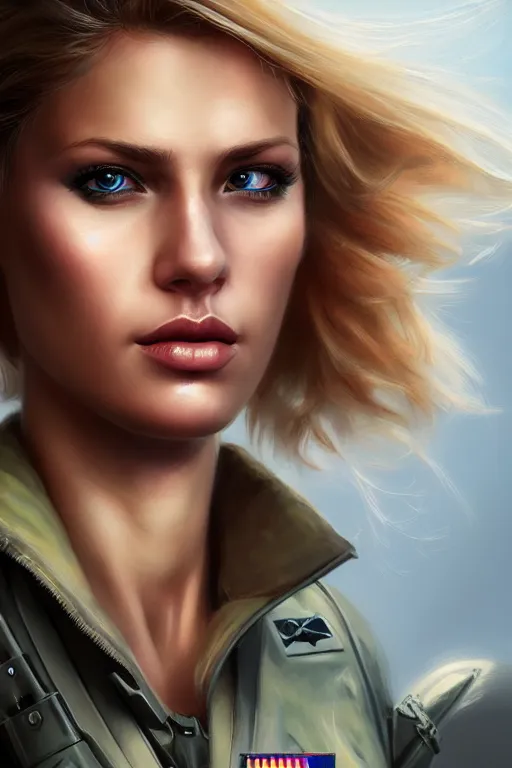 Prompt: epic professional digital portrait art of attractive blonde woman airforce pilot, 4 5 mm lens, painting, facing front, by neal adams and joelle jones artstation, cgsociety, wlop, epic, much wow, much detail, gorgeous, detailed, cinematic, masterpiece