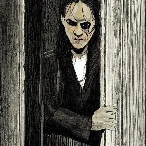 Prompt: Morpheus from The Sandman by Neil Gaiman standing in a doorway leading into the void, portrait, digital art, ultra realistic, highly detailed, HD, artstation, concept art, smooth, sharp focus, illustration, cinematic lighting, comicbook, art by Sam Kieth and Mike Dringenberg