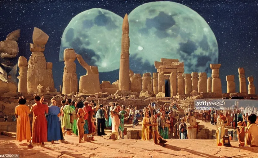Prompt: a 1 9 5 0's technicolor cinematic scene of egyptian gods with animal heads, having a ceremony in a moonlit temple in karnak