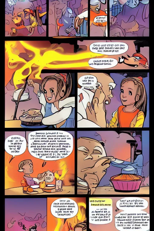 Prompt: a comic book page showing a young small phoenix hummingfirebird learning to bake a cake