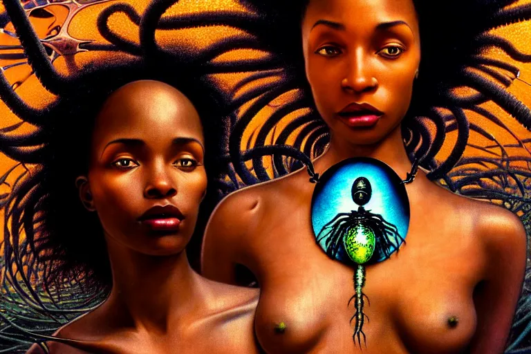 Image similar to realistic detailed photorealistic film closeup portrait shot of a beautiful black woman with a giant spider, sci fi city landscape background by denis villeneuve, amano, yves tanguy, alphonse mucha, ernst haeckel, david lynch, edward robert hughes, roger dean, cyber necklace, dynamic pose, rich moody colours, wide angle