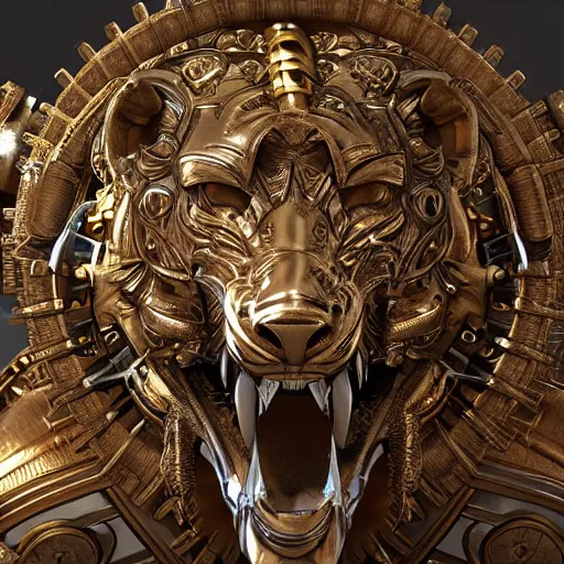 Image similar to A steampunk ornate lion made of engraved full plate armor and gears, Macro shot by Justin Gerard, unreal engine, physically based rendering