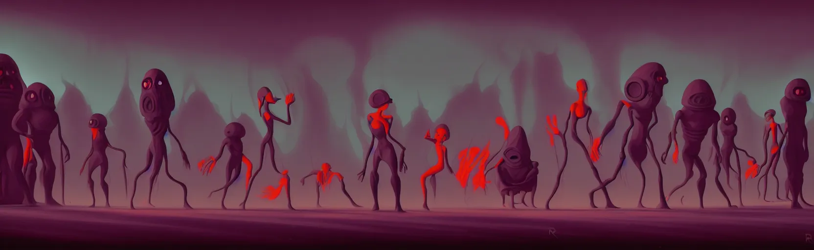 Prompt: uncanny repressed mutants from the depths of a vast wasteland in the collective unconscious, dramatic lighting, surreal dark 3 0 s fleischer cartoon characters, shallow dof, surreal painting by ronny khalil