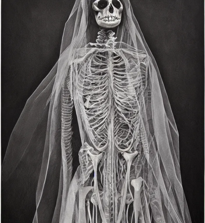 Image similar to portrait of a Bride's skeleton in veil by Laurie Lipton, high detailed, realistic,dark surrealism, hyper detailed