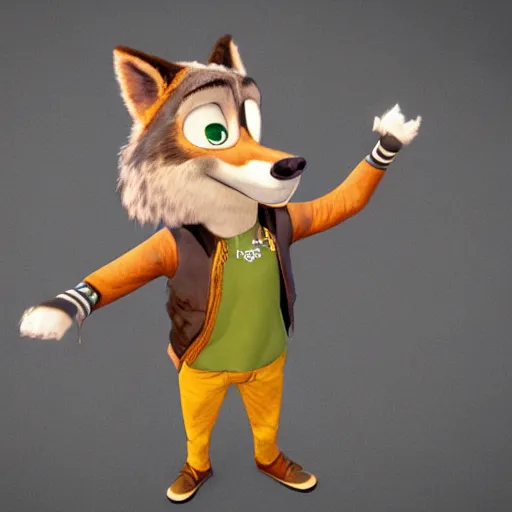 Image similar to far shot, 3d render , anthropomorphic wolf male , wearing along brown leather jacket , in the style of Zootopia