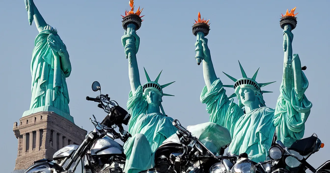 the statue of liberty rides motorcycle | Stable Diffusion | OpenArt