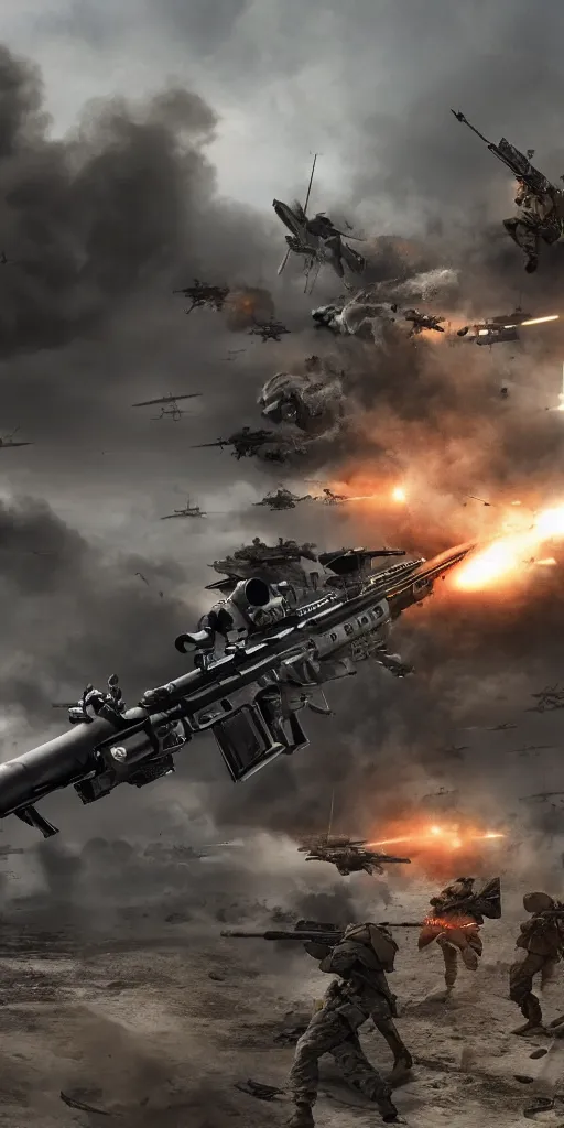 Image similar to concept art, world war iii, battlefield scene, uav, fully armed soldier shooting, launching kinetic energy weapons, launching tracking missiles, armor piercing missiles, drag light bullets, backlight, future technology, smooth lines, high detail, 8 k, octane rendering, unreal engine.