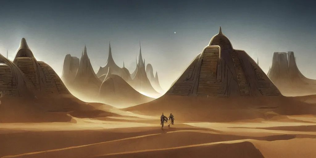 Prompt: dune city and temples of arrakis, arrakeen, but with trees and water, arab ar architectural and brutalism and gigantism, from frank herbert novels, composition idea concept art for movies, style of denis villeneuve and greg fraiser