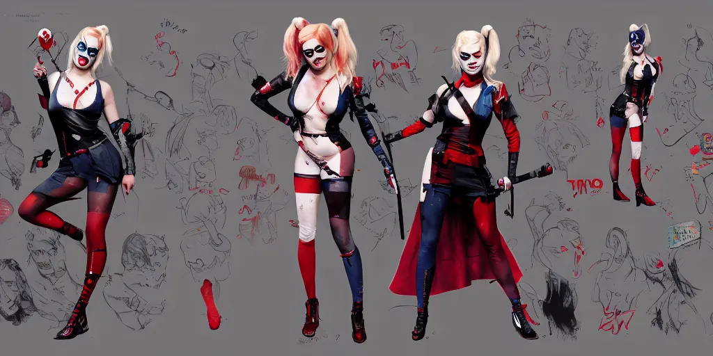 Image similar to margot robbie as harley quinn, character sheet, concept design, contrast, kim jung gi, greg rutkowski, zabrocki, karlkka, jayison devadas, trending on artstation, 8 k, ultra wide angle, pincushion lens effect