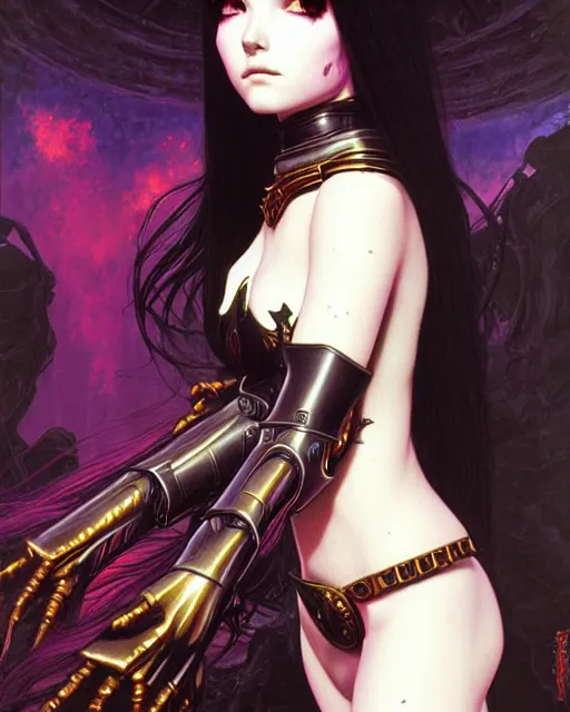 Image similar to portrait of beautiful cute goth girl in warhammer armor, art by kuvshinov ilya and wayne barlowe and gustav klimt and artgerm