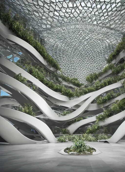 Image similar to a photo of a futuristic biomimicry oasis interior + the interior is elegant and made of a biomimicry nature with ornate patterns + photo taken on a misty morning + architectural photography, 8K, photorealistic