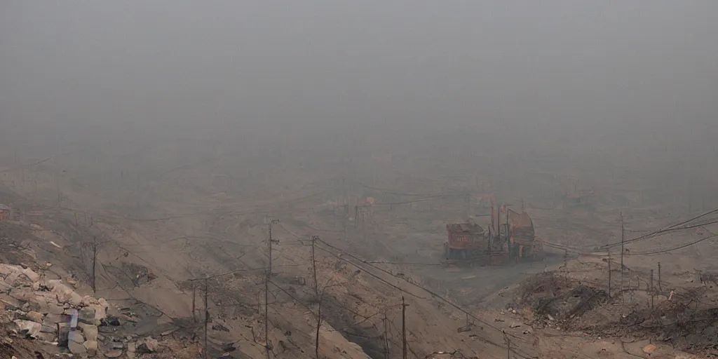 Image similar to industrial mine, pollution, haze, film still from wes anderson movie, baotou china,