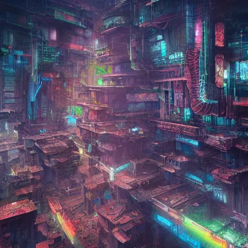 Prompt: Hyperdetailed render of A beautiful painting of Fractal abstract painting of gigant beautiful fractal recursive cyberpunk city ruins on the square platform in. I can't believe how detailed this is. by greg rutkowski, Trending on artstation Taro card, cubism brutalism architecture. rainbow color scheme