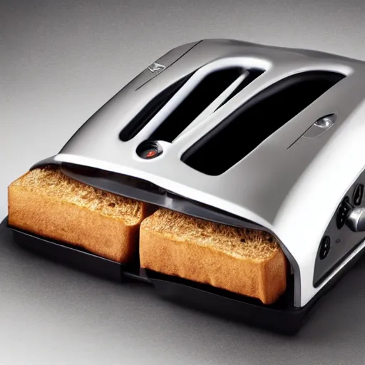 Prompt: a toaster that looks like a Lamborghini car, with bread in the slots, studio product shot