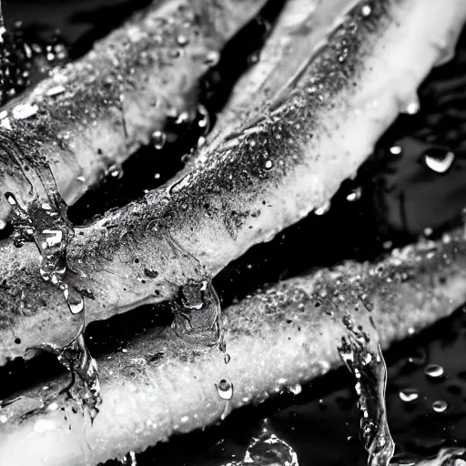 Image similar to Soaking wet soggy fish stick drenched with a stream water from a faucet on a moist wet plate. Very wet delicious fish sticks with specular highlights. Water drips from the wet fish sticks. Macro lens close up shot 8K food commercial shot award winning