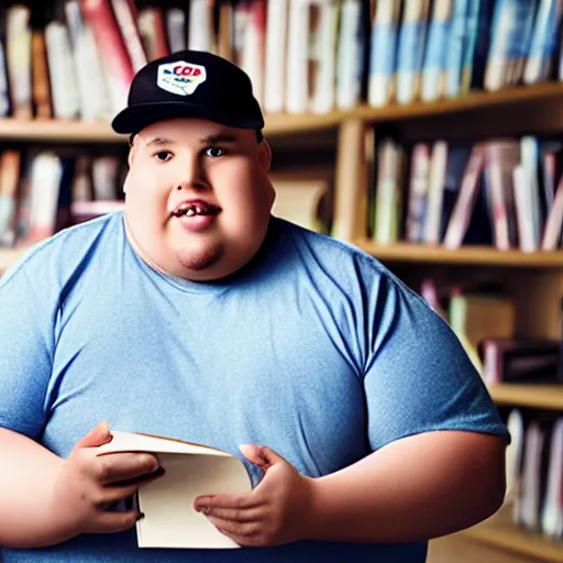 Image similar to very obese man with a t-shirt and a cap with the letter P, writing on a book