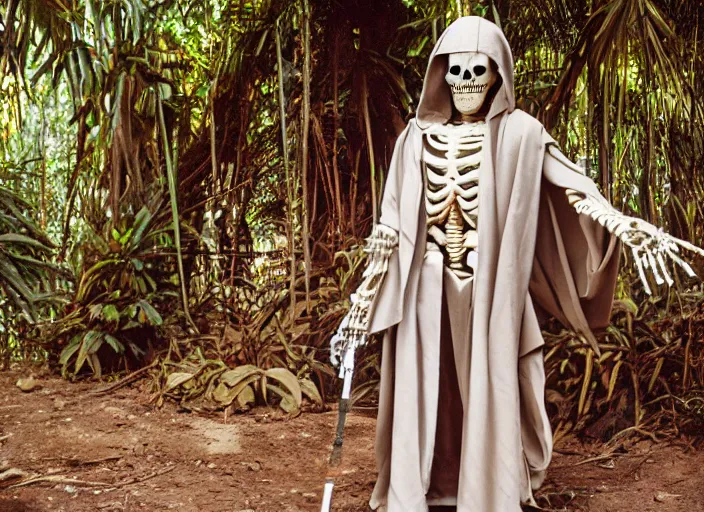 Image similar to screenshot portrait of skeleton in a jedi robe. outside the jedi temple in the jungle. Thriller directed by stanley kubrick, Photographed with Leica Summilux-M 24 mm lens, ISO 100, f/8, Portra 400