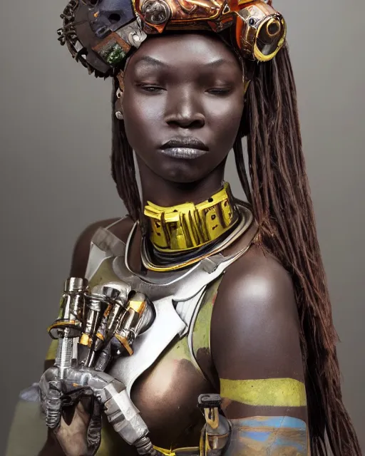 Image similar to beautiful afrofuturistic himba women holding her helmet, otjize, led detailed spacesuit, himba hairstyle, robotic arms, hyperrealistic, scifi, retouched photograph, dark, muted colors