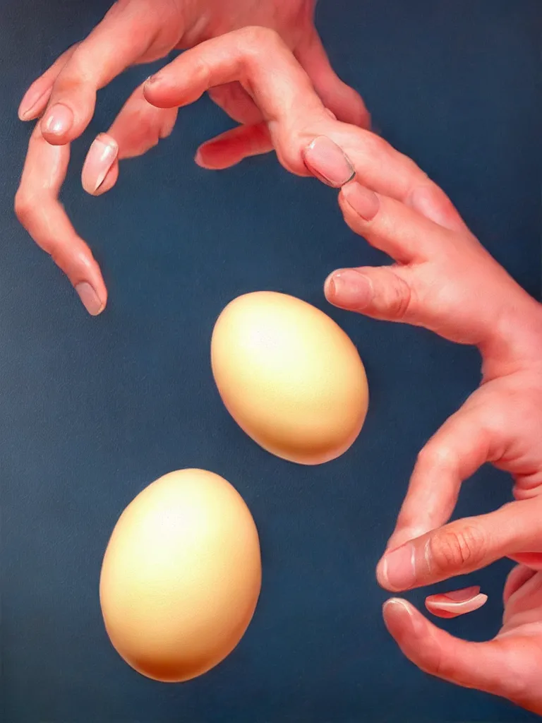 Image similar to a perfect hyperrealist painting of an egg, and a human hatching out. the human has eight arms and each finger is as long as the whole egg. broken eggshell shrapnel is causing some trauma.