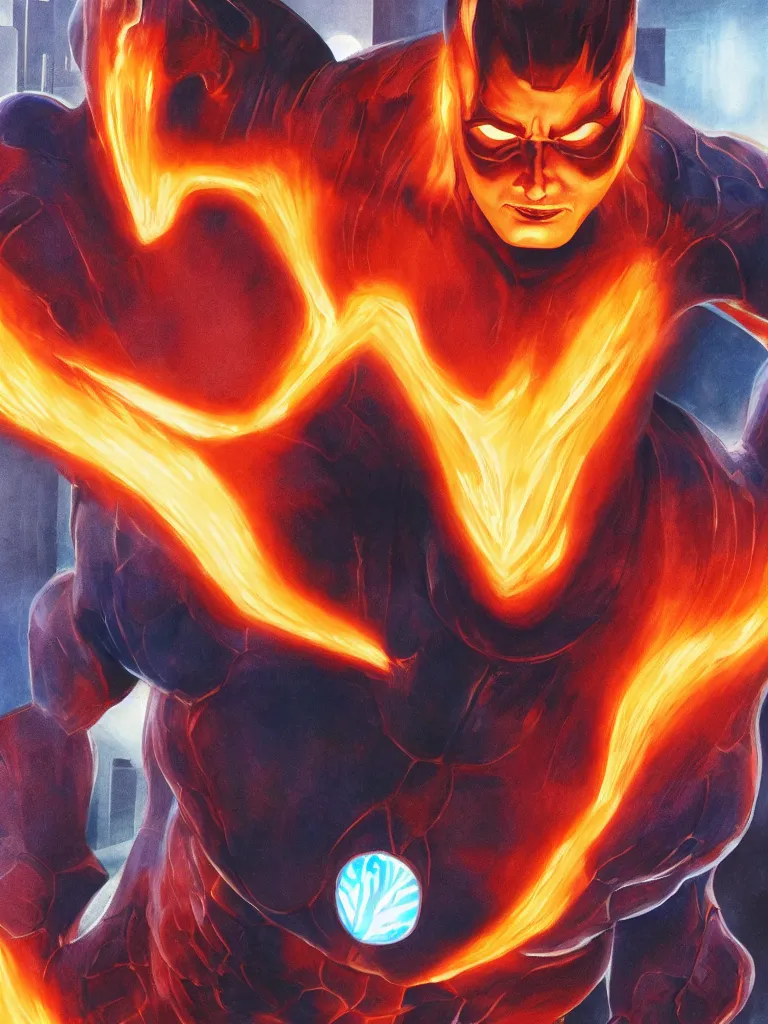 Prompt: human torch, close up, intricate, looking at camera, extremely detailed, sharp focus, concept art, illustration, sci-fi, volumetric lighting, art by Alex Ross