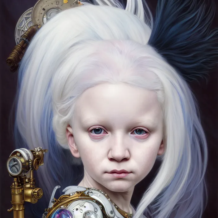 Prompt: excellent painted portrait of a albino girl with white hair and a fringe, steampunk art, with a nordic white dragon flying on the background, character artwork, 8k resolution artwork, trending on artstation, detailed oil painting portrait, art by artgerm and greg rutkowski and alphonse mucha and craig mullins and James Jean and Andrei Riabovitchev and Marc Simonetti and peter mohrbacher, matte painting