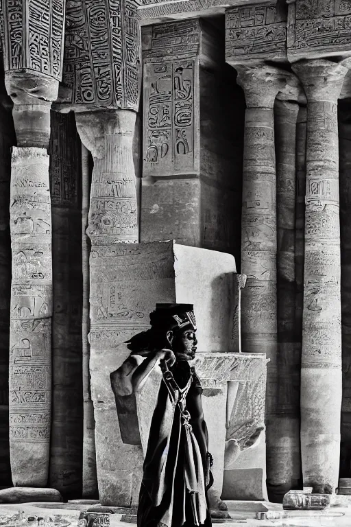 Image similar to a dramatic hero portrait of an ancient nubian temple guard in old egypt. photography photo art. cover of national geographic magazine