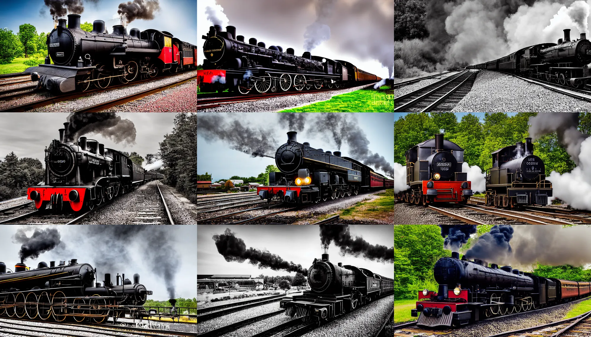 Image similar to restored black steam locomotive travelling on train tracks, photograph, short exposure, motion blur