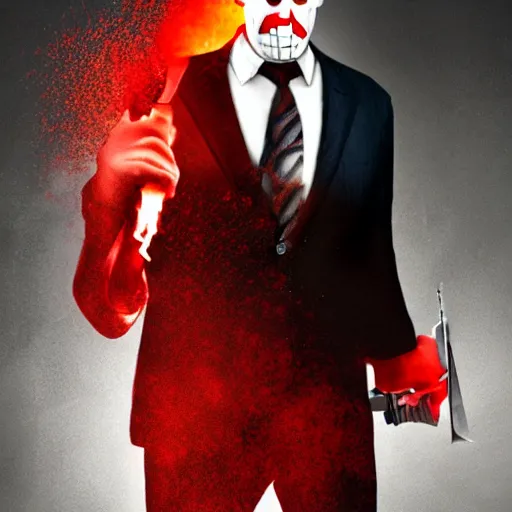 Image similar to TF2 Pyro as The American Psycho, cinematic still, sweating hard