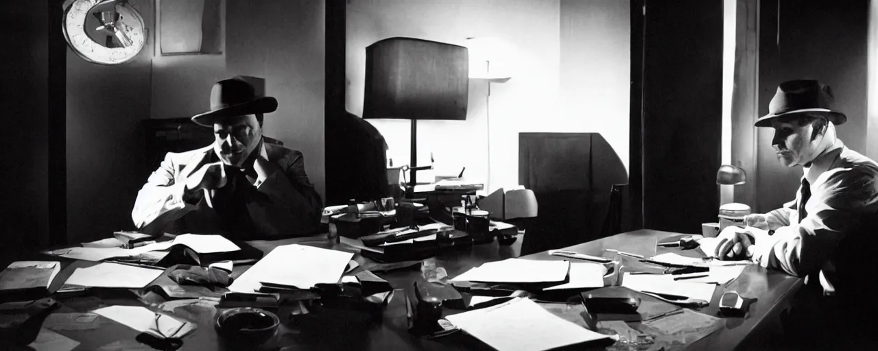 Image similar to film noir detective sitting in the dark at his desk, contrast lighting, black and white, by Frank Miller