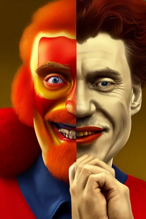 Image similar to vladimir putin as ronald mcdonald, 2 d portrait, symmetrical, highly detailed, digital painting, artstation, concept art, smooth, sharp focus, illustration, cinematic lighting, art by artgerm and greg rutkowski and alphonse mucha