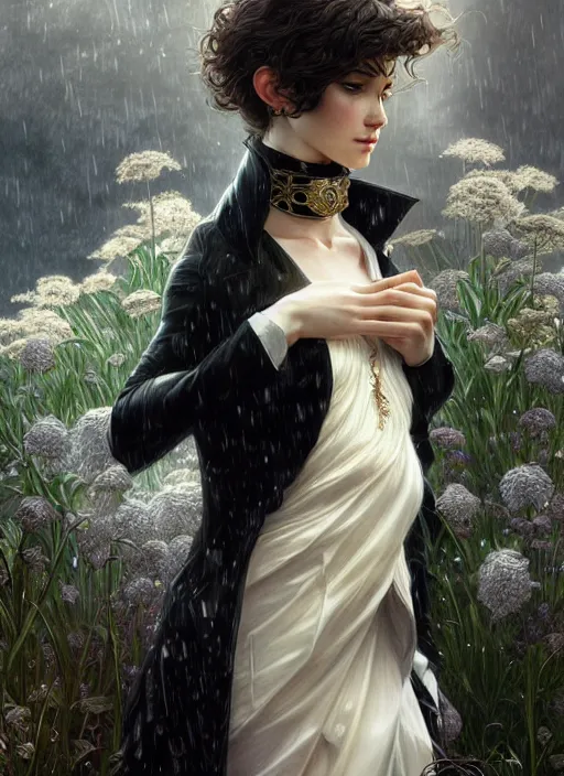 Image similar to tuxedo cat taking shelter from the rain, fantasy, intricate, elegant, hyper detailed, ultra definition, photoreal, artstation, unreal engine rendered, concept art, smooth, sharp focus, illustration, art by artgerm and greg rutkowski and alphonse mucha and garis edelweiss