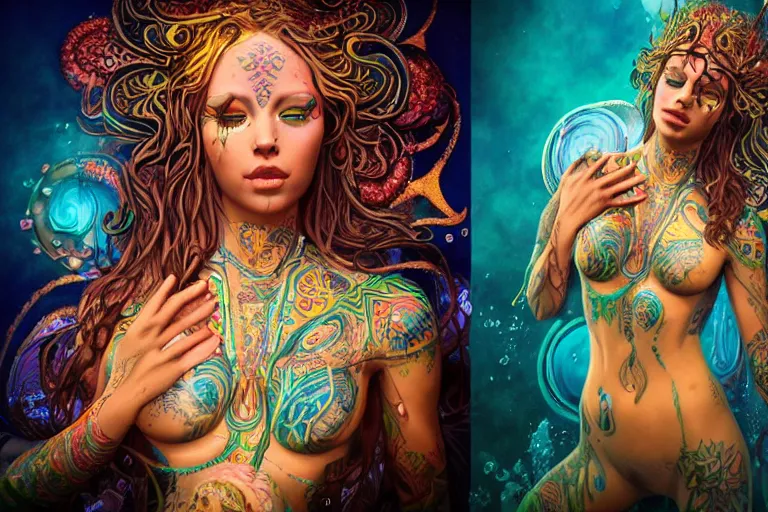 Prompt: a centered full body render of an alluring festival hippy with tribal tattoos surrounded by a underwater ink pour and flowing liquid gallium and sacred geometry, perfect body and face, gorgeous, cinematic, beautifully lit, by artgerm, by karol bak, by donato giancola, 3 d, trending on artstation, octane render, 8 k