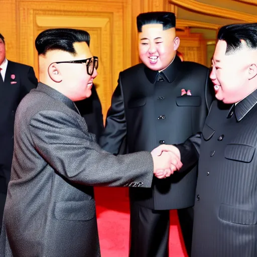 Prompt: lil uzi vert shaking hands with Kim jong un. Picture taken to show them in front of an explosion