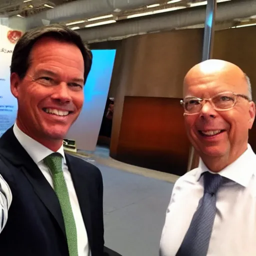 Image similar to a selfie of Mark Rutte shoulder to shoulder with Klaus Schwab