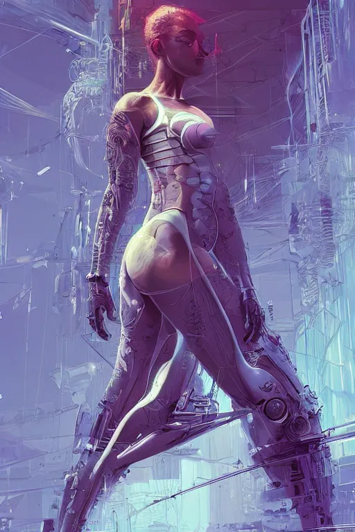 Image similar to the most amazing dream you ever had about a beautiful woman transhumanism, hyper realistic, concept art, intricate, hyper detailed, smooth, syd mead, high contrast, neon, volumetric lighting, octane, raytrace, jim lee, moebius