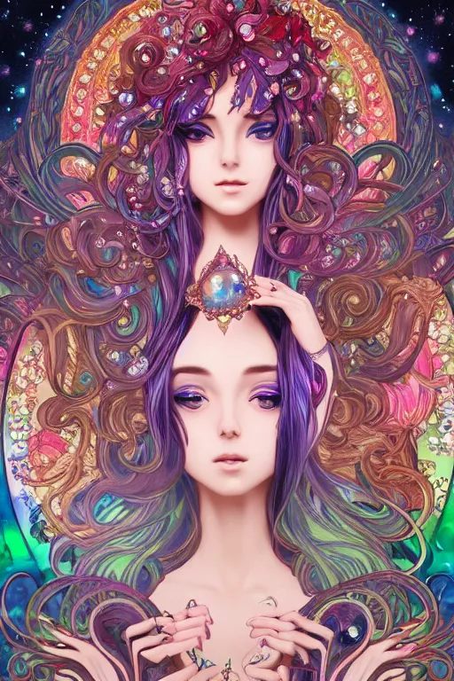Image similar to psychedelic, intricate, highly detailed, anime, 4k, beautiful seductive woman holding a crystal containing the universe, with professional makeup, long trippy hair, surrounded by gems, underneath the stars, trending on patreon, deviantart, twitter, artstation, volumetric lighting, heavy contrast, by artgerm and Ilya Kuvshinov and alphonse mucha