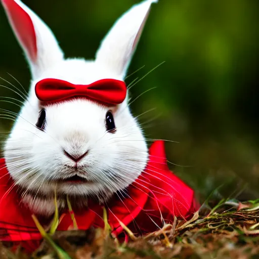 Prompt: a white rabbit wearing a red bowtie, photograph, high quality, wildlife, national geographic, cute