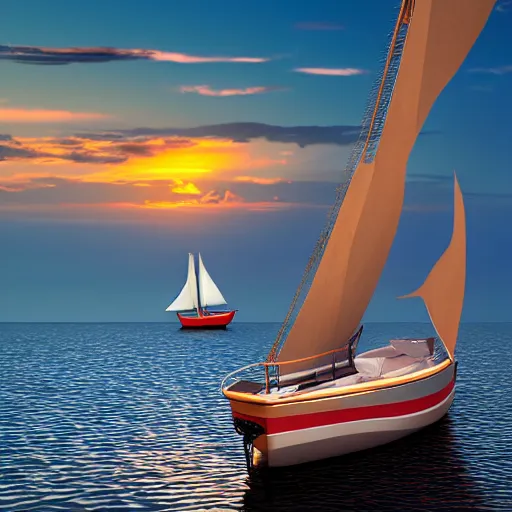 Image similar to sea sunset with sailing boat, realistic, 8 k, sunset, high details