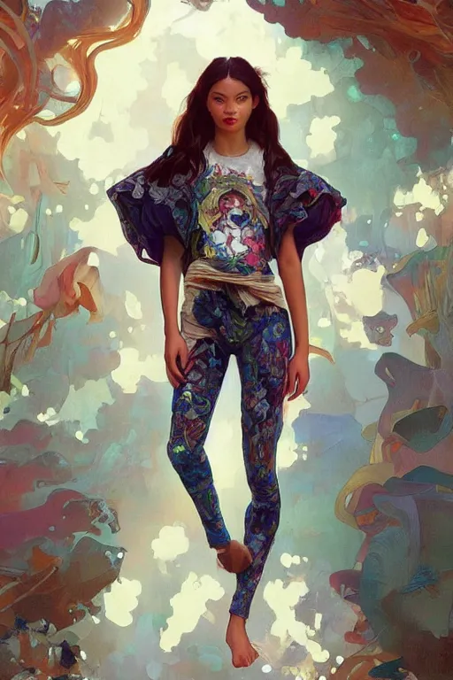 Image similar to an hyper intricate oil painting of gen z model wearing a fashion outfit wearing a clean t - shirt, full body ultra fashion model pose by vogue, excellent composition, by yoshitaka amano, by greg rutkowski, by alphonse mucha, by rhads, by ross tran, trending on artstation