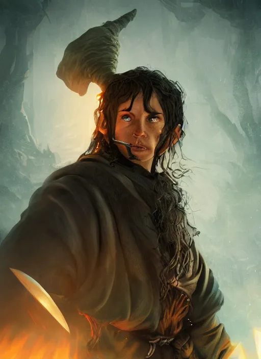 Prompt: A fantasy comic book style portrait painting of a hobbit warrior as a Sorcerer in a atmospheric dark fortress, unreal 5, DAZ, hyperrealistic, octane render, RPG portrait, ambient light, dynamic lighting