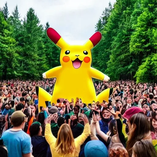 Image similar to photograph of a group of people worshipping a giant pikachu in a forest