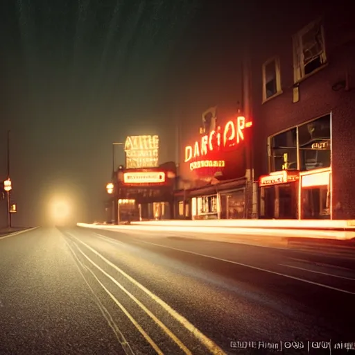 Image similar to A stunningly beautiful award-winning 8K high angle cinematic movie photograph of a dark foggy main intersection in an abandoned 1950s small town at night, by Edward Hopper and David Fincher and Darius Khonji, cinematic lighting, perfect composition, moody low key volumetric light. Color palette from Seven, greens yellows and reds. 2 point perspective, from 15 feet off the ground