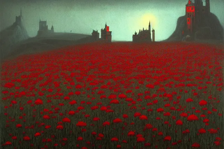 Prompt: only with red, red flowers, a crimson tiger, a castle in the background, medieval demons speak with people, an ancient path, in the style of beksinski, part by hopper, part by rodcenko, part by hofbauer, intricate composition, red by caravaggio, insanely quality, highly detailed, masterpiece, red light, artstation