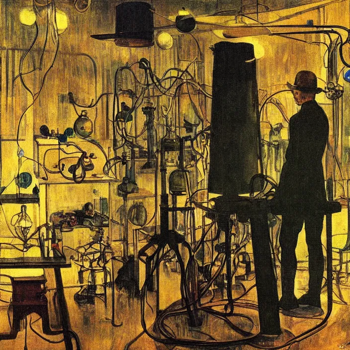 Image similar to the inventor in his laboratory with contraption, oceanian statues, cyberpunk, bioluminescent cables. lamp light. henri de toulouse - lautrec, jan van eyck, rene magritte, max ernst, walton ford, agnes pelton